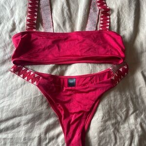 Red Bikini Set with Patterned Straps